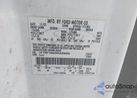 2006 Ford F-150 Stx/Xl/Xlt z USA, uszkodzony, nr VIN 1FTRF14W56NA59065